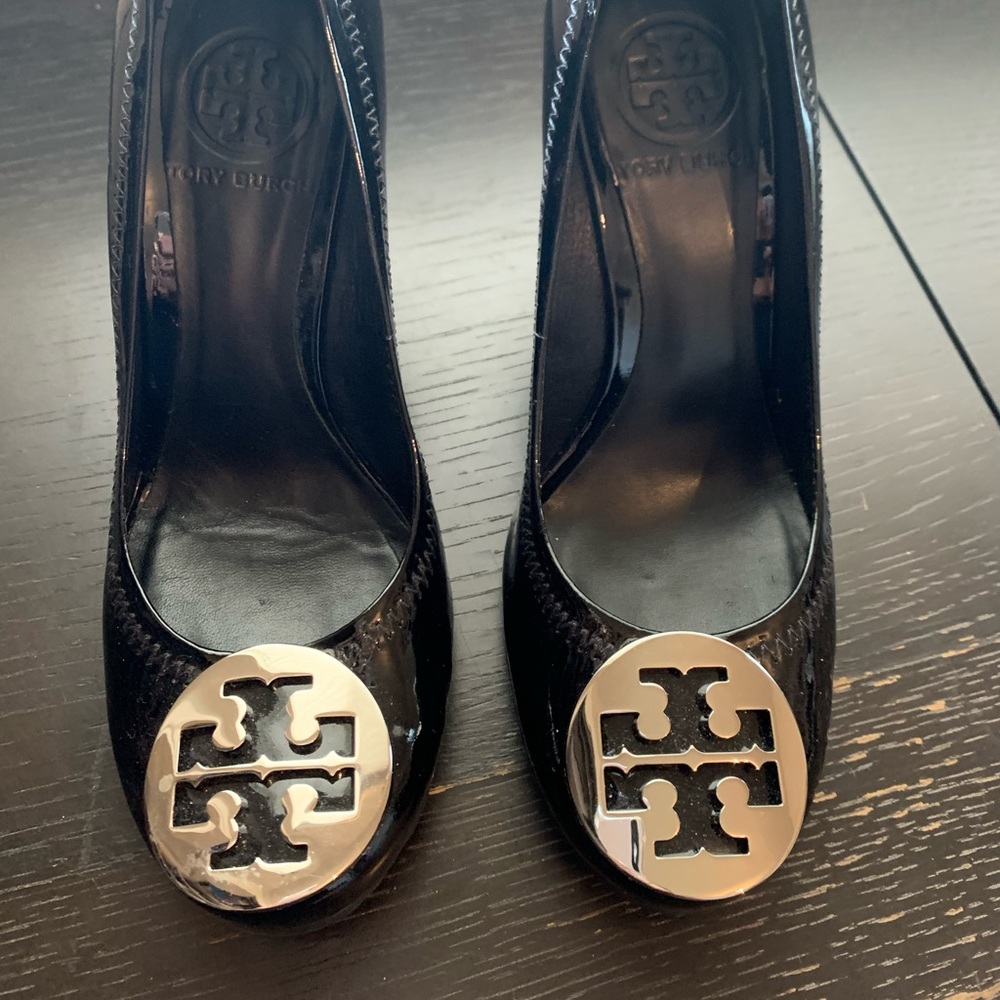 Tory Burch Patent Leather Black Wedges Size 6.5